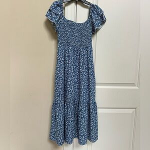 Blue Floral Smocked Midi Dress